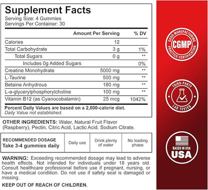 120 Creatine Monohydrate Gummies for Men & Women, Vegan-Friendly, Sugar-Free, & Tasty Chewables - Instantized Creatine Gummies for Enhanced Muscles Growth, Recovery, & Performance (Raspberry)
