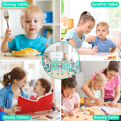 Kids Table and 6 Chairs Set, Height Adjustable Graffiti Desk, Preschool Activity Art Craft Table, for Daycare Classroom Home Boys and Girls Age 3-12 (Light Green)