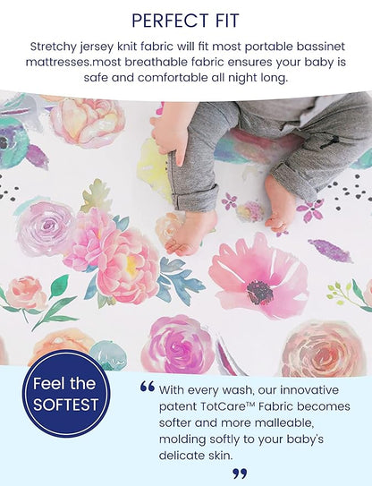 TotAha Premium Stretchy Bassinet Cradle Sheets (2-Pack) -Hypoallergenic, Silky Comfort, Buttery Soft, Calming Effect, All-Season Jersey-Knit Sheets,32 X 16 X 3''(Colorful Flora & Blue Flowers)