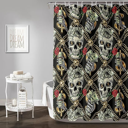 AILONEN Skull Shower Curtain for Boys,Gold Money Skeleton Bath Curtain for Decor,Luxurious Skull Print Shower Curtain with 12 Plastic Hooks,Waterproof 72" W*72" H