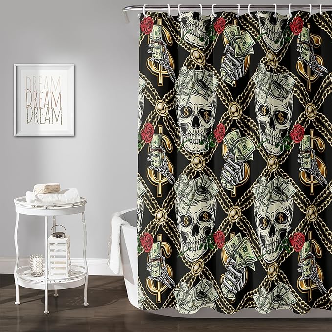 AILONEN Skull Shower Curtain for Boys,Gold Money Skeleton Bath Curtain for Decor,Luxurious Skull Print Shower Curtain with 12 Plastic Hooks,Waterproof 48" W*72" H