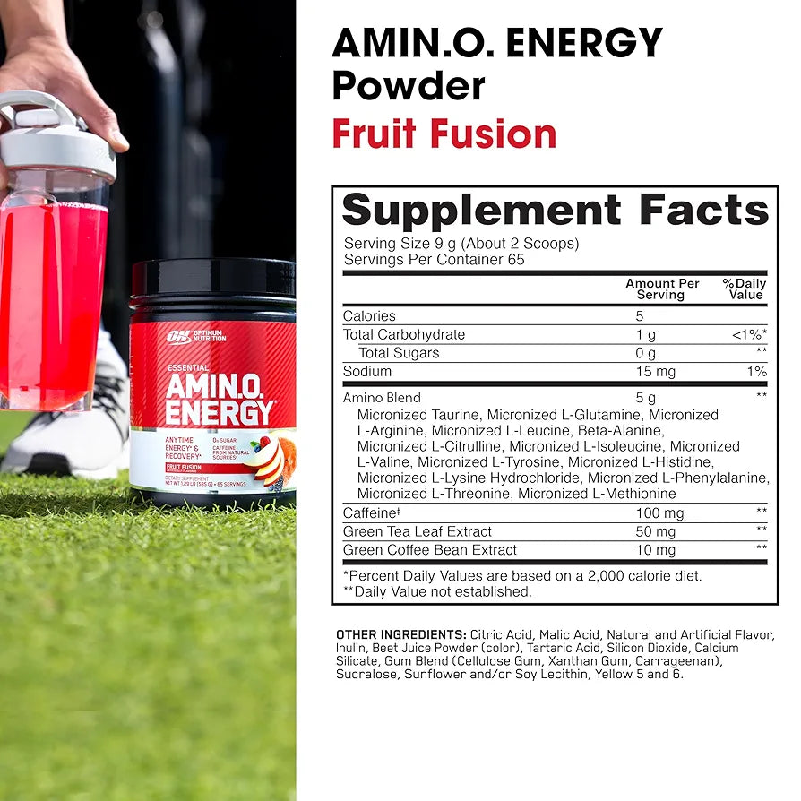 Optimum Nutrition Amino Energy - Pre Workout with Green Tea, BCAA, Amino Acids, Keto Friendly, Green Coffee Extract, Energy Powder - Fruit Fusion, 65 Servings 