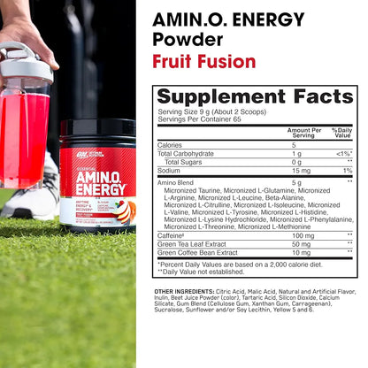 Optimum Nutrition Amino Energy - Pre Workout with Green Tea, BCAA, Amino Acids, Keto Friendly, Green Coffee Extract, Energy Powder - Fruit Fusion, 65 Servings 