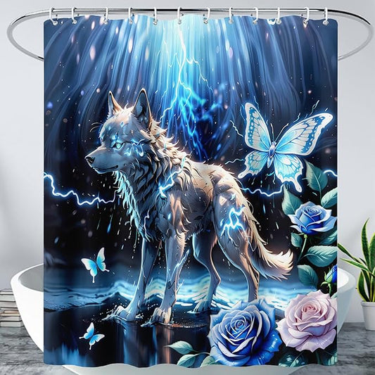 AILONEN Lightning Wolf Shower Curtain for Bathroom,3D Print Glowing Wolf Print Bath Curtain for Boys Men Kids,Raining Wolf Waterproof Bathroom Decor Blue Curtain with 12 Plastic Hooks, 72" W*72" H