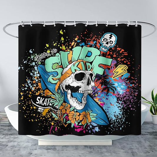 AILONEN Surf Skull Shower Curtain for Bathroom,Colorful Graffiti Flower Art Bathroom Curtain for Kids Boys Girls,Bath Curtain 72" W*96" H Polyester Waterproof Bathroom Curtain with 12 Hooks