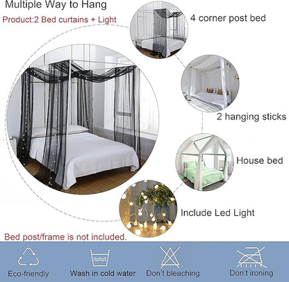 Akiky Bed Canopy Curtains for Girls Elegant Canopies Curtain Scarf with Light Great as Room Decor,Wedding decortion,Window Valance Curtain (Twin,Black)
