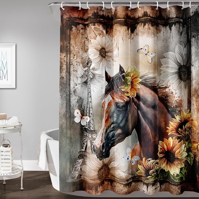 AILONEN Horse Shower Curtain,Sunflower Eiffel Tower Horse Bath Curtain,Retro Horse Polyester Waterproof with 12 Plastic Hooks 72" W*96" H
