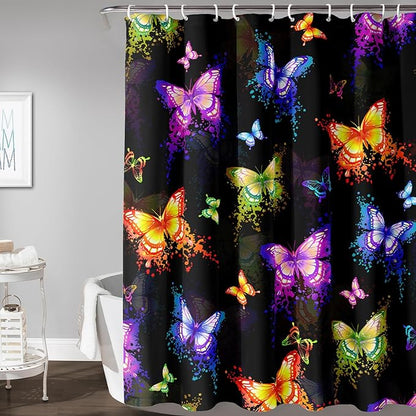 AILONEN Butterfly Shower Curtain for Bathroom, Colorful Butterfly Polyester Waterproof Bath Curtain,Modern Fashion Minimalist Shower Curtain with 12 Plastic Hooks,Black 60" W*72" H