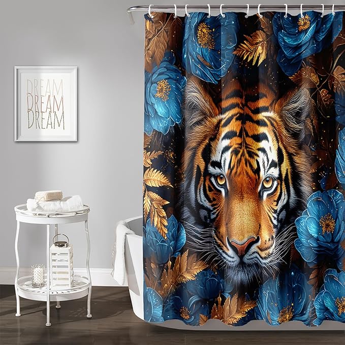 AILONEN Tiger Shower Curtains for Kids Boys,Blue Flower Tiger Bath Curtains,Wild Animal Curtains Polyester Waterproof,60" W*72" H with 12 Plastic Hooks