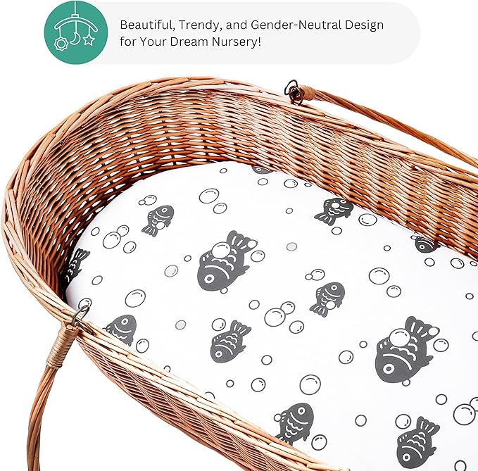 TansyPanda Bassinet Sheets for Dream On Me Karley, Lacy, Small Regalo Basics, Baby Delight Slumber, Snuggle Nest, Graco Carry Cot, 4PC, 16 x 32, Ultra Soft, Unisex Boys Girls, Gray (Ocean Fish Theme)