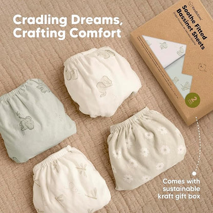 2-Pack Organic Bassinet Sheets for Girls, Boys - 100% Cotton Bassinet Mattress Sheets Compatible with Halo Bassinest Swivel Sleeper, Graco, Baby Delight, Chicco, Fitted Bassinet Sheets (Butterflies)