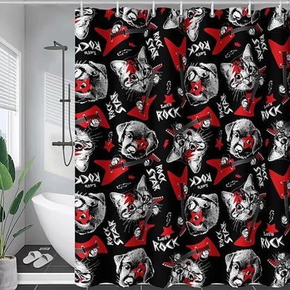 AILONEN Kitten and Puppy Shower Curtain,Rock Kitten Puppy Bath Curtains for Kids Boys Girls,Animal Polyester Waterproof with 12 Plastic Hooks 72" W*72" H