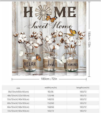Rustic Farmhouse Shower Curtain Cotton Flowers Shower Curtains for Bathroom Decor Waterproof Polyester Fabric Relax Soak Unwind Floral Bathroom Curtain with Hooks 66x72 Inch