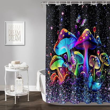 AILONEN Mushroom Shower Curtain for Boys Girls, Cartoon Mushroom Bath Curtain 60" W*72" H Colorful Sky Starry Bathroom Curtain Polyester Waterproof Plant Fungus Bathroom Curtain with 12 Hooks