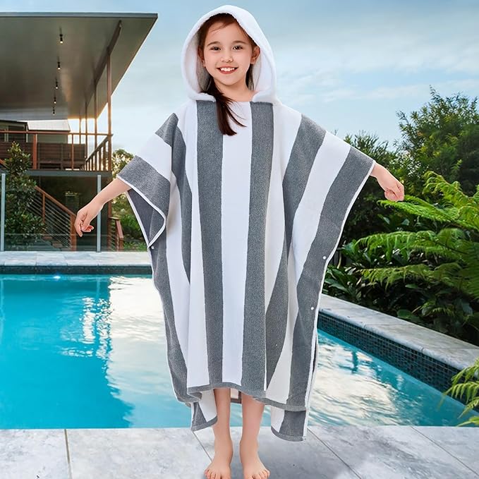 VOOVA & MOVAS Quick Dry Hooded Beach Towels for Boys| Girls | Teens (8-16Years), Absorbent 100% Cotton Thick Poncho Towel Robe for Kids, Perfect for Pool, Beach, Bath and Gifts, Gray White Stripe