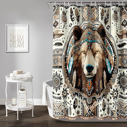 AILONEN Dreamcatcher Wolf Shower Curtain for Bathroom Decor,Retro Boho Wolf Bath Curtain for Kids Boys Girls,Print Polyester Waterproof with 12 Plastic Hooks 72" W*84" H