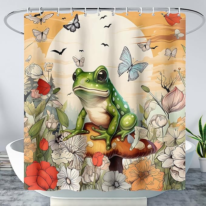 AILONEN Cartoon Frog Waterproof Shower Curtain,Nature Plant Fungus Flower Frog Bath Curtain,Fantasy Sunset Abstract Yellow Bathroom Curtain Decor 72" W x 96" H