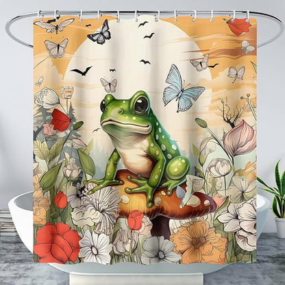 AILONEN Cartoon Frog Waterproof Shower Curtain,Nature Plant Fungus Flower Frog Bath Curtain,Fantasy Sunset Abstract Yellow Bathroom Curtain Decor 72" W x 96" H