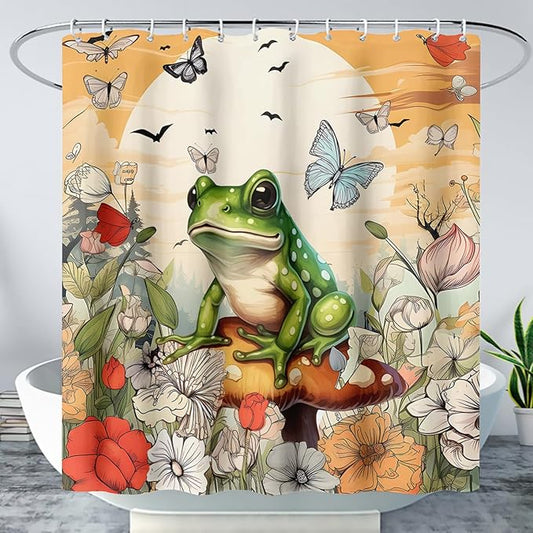 AILONEN Cartoon Frog Waterproof Shower Curtain,Nature Plant Fungus Flower Frog Bath Curtain,Fantasy Sunset Abstract Yellow Bathroom Curtain Decor 72" W x 96" H