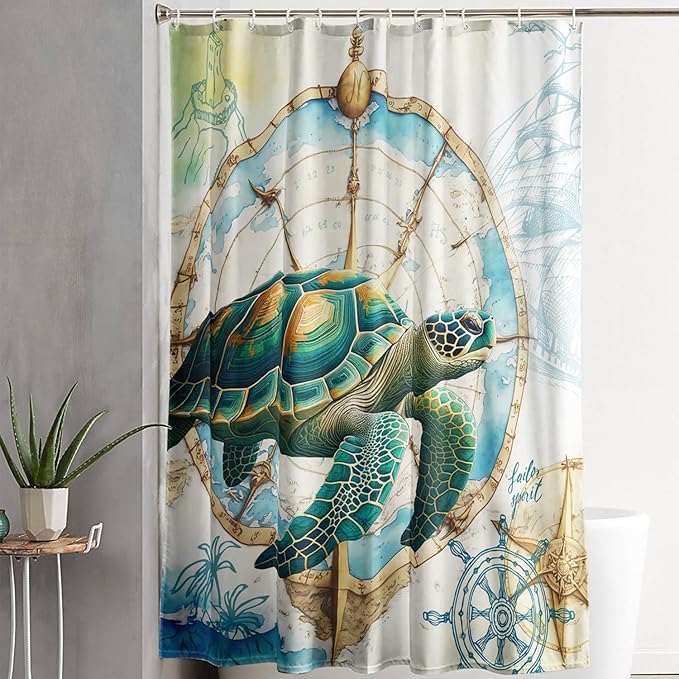 AILONEN 3D Sea Turtle Shower Curtain,Green Sea Turtle Shower Curtain for Bathroom,Nautical Anchor Waterproof Fabric Shower Curtain Set with Hooks,72" W*78" H