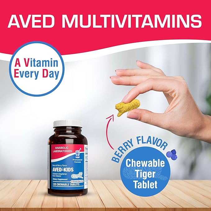 Vitamins for Kids Multivitamin with Iron - 120 Chewable Tiger Tablets with Vitamins A, B-Complex, C, D, E, Iron, Calcium, Magnesium, Zinc, and More - Natural Berry Flavor - AVED Kids