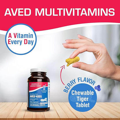 Vitamins for Kids Multivitamin with Iron - 120 Chewable Tiger Tablets with Vitamins A, B-Complex, C, D, E, Iron, Calcium, Magnesium, Zinc, and More - Natural Berry Flavor - AVED Kids