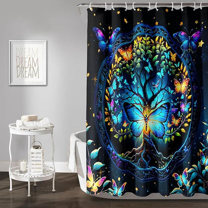 AILONEN Tree of Life Shower Curtain for Bathroom,Glowing Butterfly Starry Bath Curtain,Modern Tree Floral Print Curtain Decoration Waterproof with 12 Plastic Hooks for Boys Girls Adults 72" W*84" H