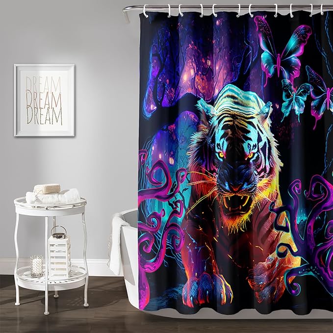 AILONEN 3D Tiger Shower Curtain for Bathroom,Purple Magic Forest Wildlife Printed Bath Curtain,Boys Roaring Tiger Decoration Shower Curtain Waterproof 72" W*72" H