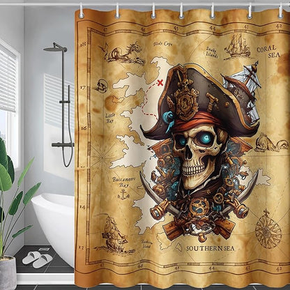 AILONEN Pirate Skull Shower Curtain for Bathroom,Vintage Ocean Nautical Bath Curtain Decoration,Pirate Captain Old Map Print Waterproof Shower Curtain with 12 Plastic Hooks, 72" W*78" H