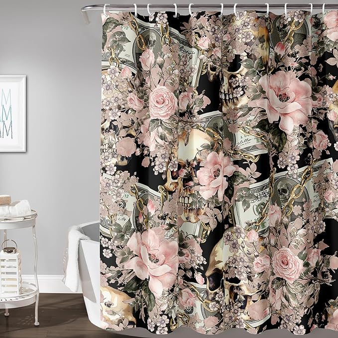 AILONEN Sugar Skull Shower Curtain for Bathroom,Romantic Rose Flower Bath Curtain for Girls Women,Money Skull Skeleton Print Waterproof Curtain with 12 Plastic Hooks, 72" W*96" H