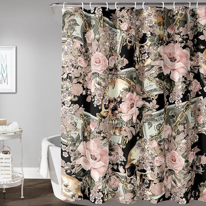 AILONEN Sugar Skull Shower Curtain for Bathroom,Romantic Rose Flower Bath Curtain for Girls Women,Money Skull Skeleton Print Waterproof Curtain with 12 Plastic Hooks, 72" W*96" H