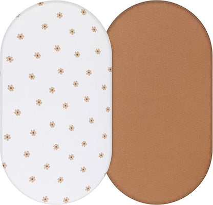 Bassinet Sheet, 100% Cotton Knitted Jersey, Fit Bassinet Crib Mattresses, Fitted Crib Sheets, Super Soft, Toddler Fitted Sheet, Unisex,2 Pack,Brown/Flowers, 17x32x4