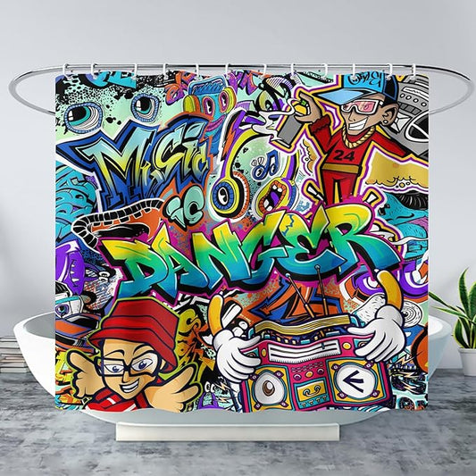 AILONEN Hip Hop Graffiti Shower Curtain for Bathroom,Colorful Graffiti Music Dancer Bathroom Curtain for Kids Boys Girls,Bath Curtain 72" W*78" H Polyester Waterproof Bathroom Curtain with 12 Hooks