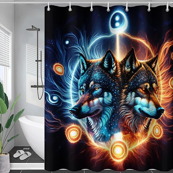 AILONEN Boys Wolf Shower Curtains, Animal Wolf Print Shower Curtain for Boys Kids Bathroom Decor,Modern Abstract Black Bath Curtain 60" W*72" H Decor with 12 Plastic Hooks
