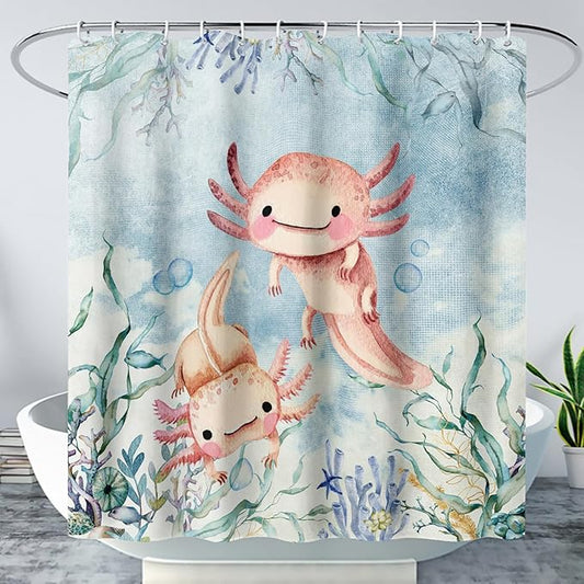 AILONEN Cute Axolotl Shower Curtains,Seaweed Salamander Bath Curtain for Kids Bathroom Decor,Polyester Waterproof with 12 Plastic Hooks 72" W*84" H
