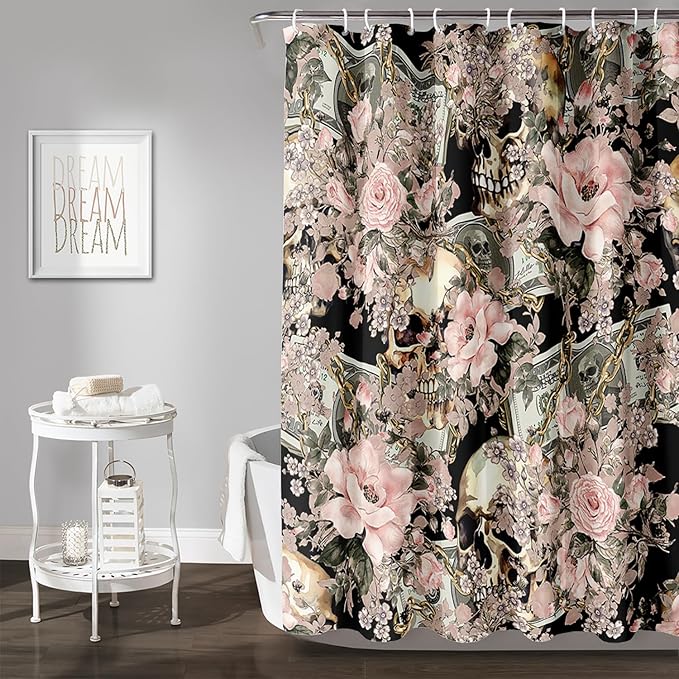 AILONEN Sugar Skull Shower Curtain for Bathroom,Romantic Rose Flower Bath Curtain for Girls Women,Money Skull Skeleton Print Waterproof Curtain with 12 Plastic Hooks, 36" W*72" H