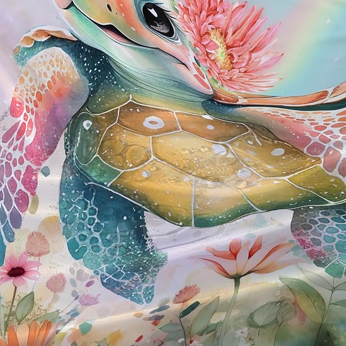 AILONEN Kawaii Sea Turtle Shower Curtain,Tie Die Ocean Animal Themed Bath Curtain Cloth Fabric Bathroom 72" W*96" H Inch,12 Pack Hooks for Kids Child Cute Watercolor Sea Animal Bathroom Curtain
