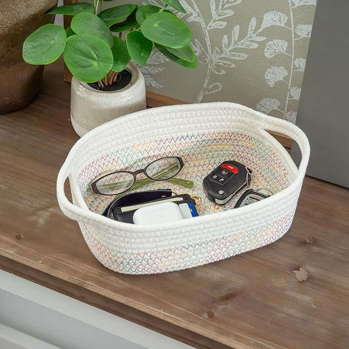 OrganiHaus Set of 5 Rectangle Bathroom Storage Baskets for Organizing, Small Woven Baskets for Storage Basket for Bathroom, Nursery Storage Basket for Baby Nursery Organization, Cute Bins, Rainbow