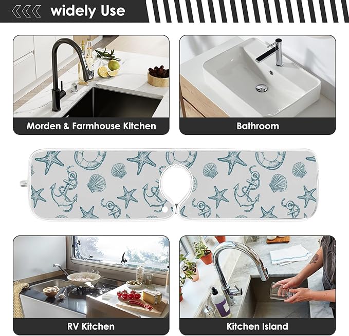 Coastal Starfish Shell Faucet Water Catcher Mat 2 Pack Seashell Ocean Nautical Theme Drying Mat Absorbent Bathroom Faucet Handle Drip Catcher Tray Bar RV Kitchen Sink Splash Guard 30x5 Inches
