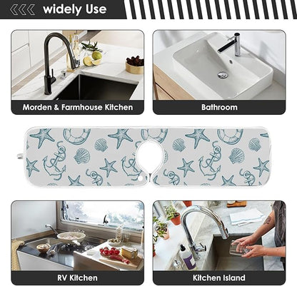 Coastal Starfish Shell Faucet Water Catcher Mat 2 Pack Seashell Ocean Nautical Theme Drying Mat Absorbent Bathroom Faucet Handle Drip Catcher Tray Bar RV Kitchen Sink Splash Guard 30x5 Inches