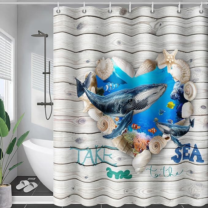 AILONEN 3D Printed Whale Shower Curtain, Ocean Sea Animal Wooden Style Bathroom Curtain,Shell Coast Whale Bath Curtain,60" W*72" H Polyester Waterproof Bathroom Curtain with 12 Hooks