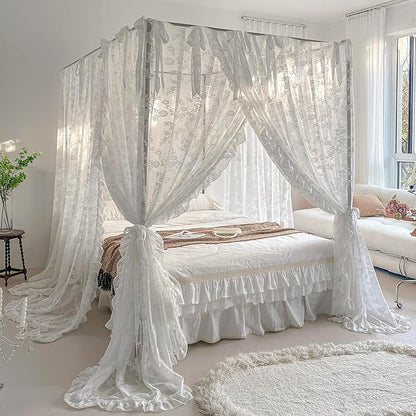 Mengersi Canopy Bed Curtains with Tie Backs,Bed Canopy Curtains Bed Drapes Sheer Curtains for Bedroom Decor（California King,White