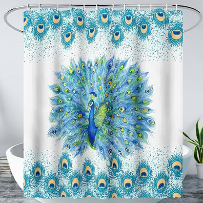 AILONEN Peacock Shower Curtain for Girls,Beautiful Green Peacock Bath Curtain for Kids Women,Peacock Feather Print Waterproof Shower Curtain for Bathroom Decor with 12 Plastic Hooks, 60" W*72" H