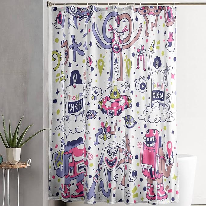 AILONEN Alien Shower Curtain,Spaceship Universe Theme Waterproof Fabric Shower Curtain Sets, 72" W*84" H Monster Robot Bathroom Decor for Boys Teens Kids