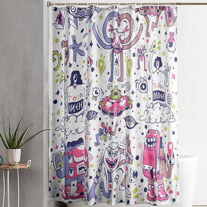 AILONEN Alien Shower Curtain,Spaceship Universe Theme Waterproof Fabric Shower Curtain Sets, 72" W*84" H Monster Robot Bathroom Decor for Boys Teens Kids
