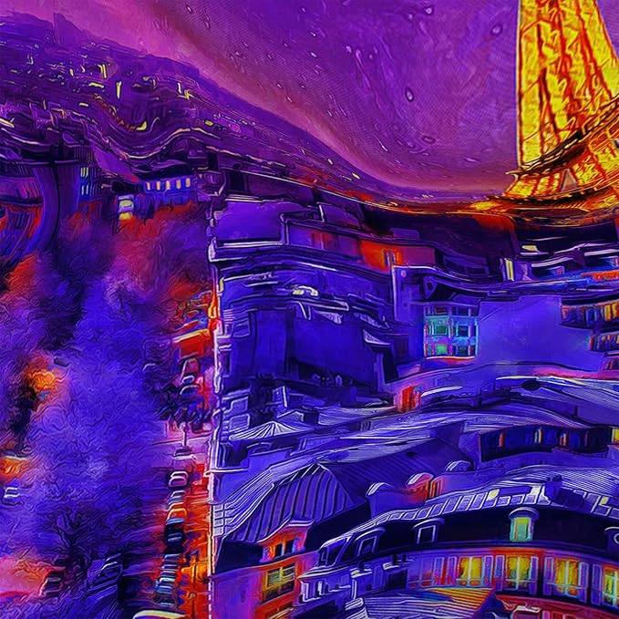 AILONEN Paris Tower Shower Curtain,Purple Glowing City Waterproof Fabric Shower Curtain for Girls Boys Kids Teens, 72" W*96" H Night Eiffel Tower Oil Painting Shower Curtain