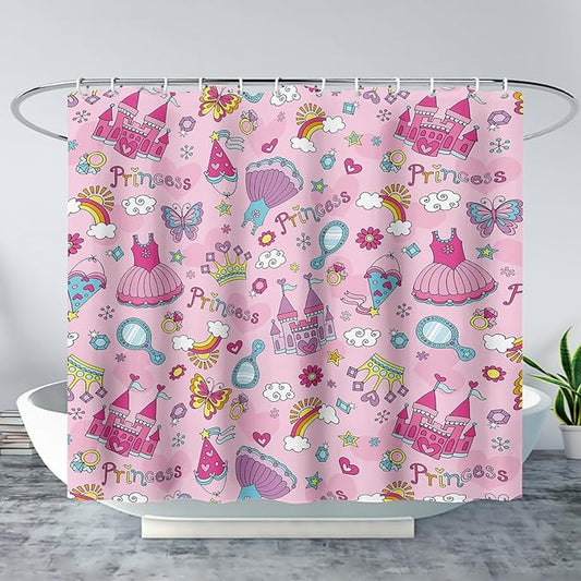AILONEN Princess Dress Shower Curtain,Cartoon Sparkling Star Diamond Waterproof Shower Curtain Set for Girls Kids Teens, 72" W*84" H Pink Castle Jewelry Shower Curtain for Bathroom