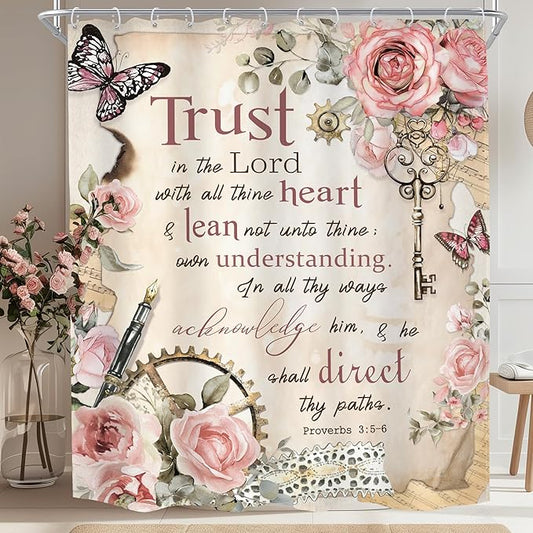MESHELLY Vintage Pink Christian Shower Curtain 60Wx72H Retro Floral Bible Verse Bathroom Curtain Scripture Bath Curtain Fabric Rustic Flower Butterfly Quotes Bathroom Accessories Decor with 12 Hooks