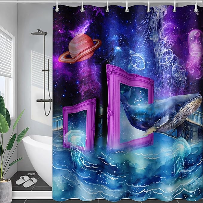 AILONEN 3D Whale Shower Curtains,Purple Galaxy Bath Curtains,Ocean Jellyfish Curtains for Kids Girls,Polyester Waterproof for Bathroom with 12 Hooks,72" W*78" H Purple