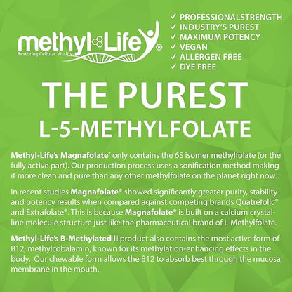 B-Methylated II, Pure Pharmaceutical Grade Professional Strength Active Folate and B12 (as Methylcobalamin, 3.75 mg) - 3 Months Supply. Chewables
